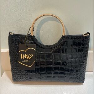 Imoshion Handbag Black Leather Croc Embossed Date Night Evening Bag Clutch